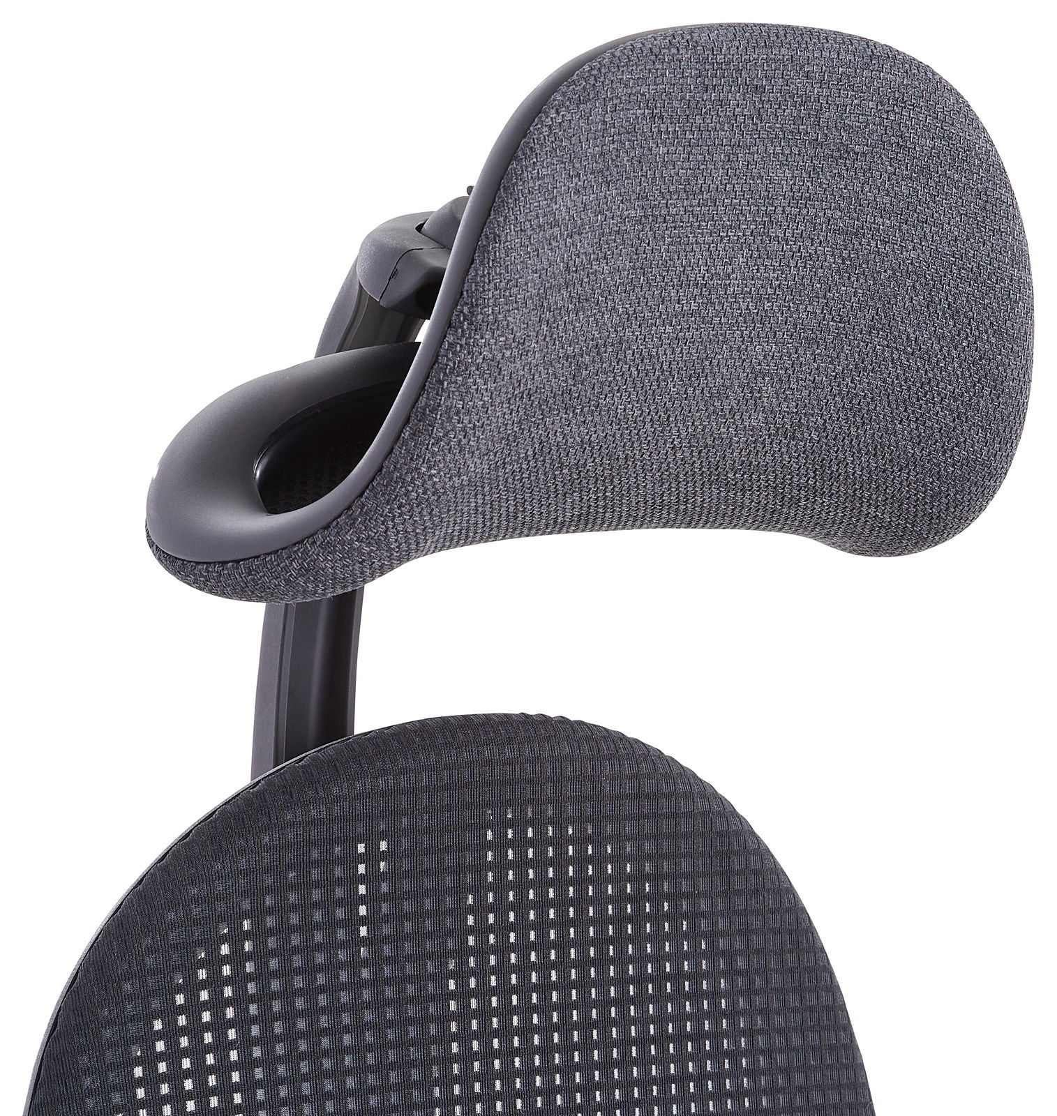 Nahaufnahme eines grauen Drehstuhls mit Kopfstütze, seitliche Perspektive