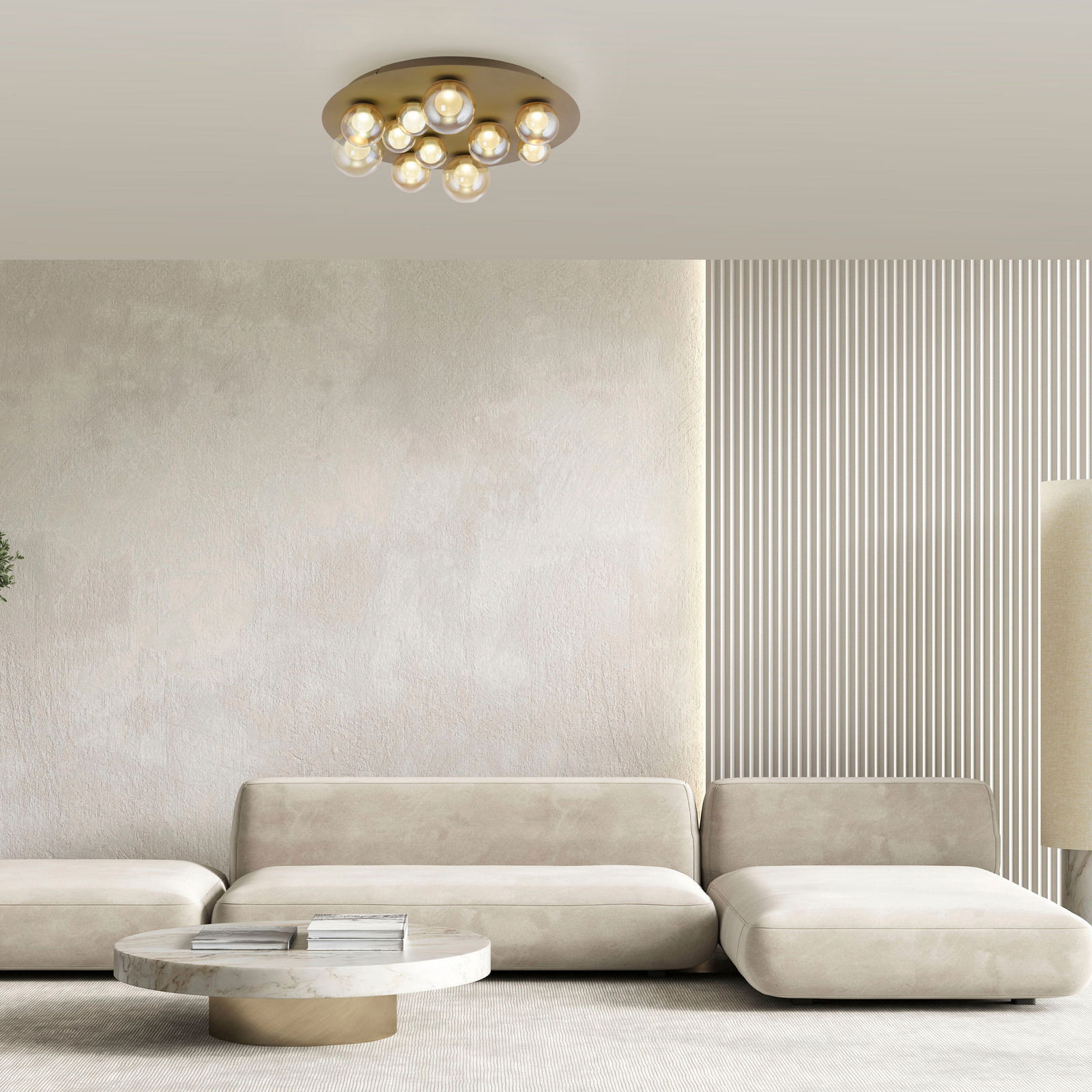 Neuhaus Pure LED-Deckenleuchte PURE POPUP Moderne LED-Deckenleuchte mit mehreren kugelförmigen Leuchten, von unten betrachtet in einem stilvollen Wohnzimmer.