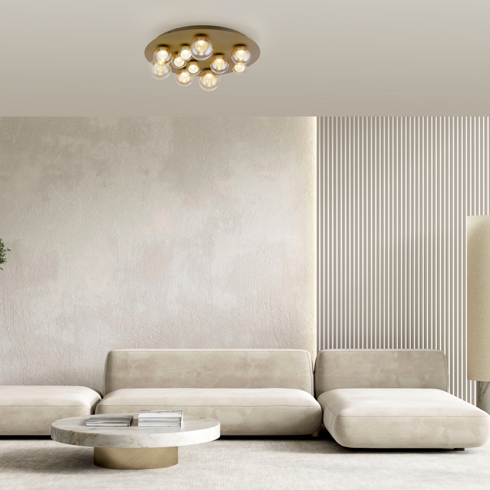 Neuhaus Pure LED-Deckenleuchte PURE POPUP Moderne LED-Deckenleuchte mit mehreren kugelförmigen Leuchten, von unten betrachtet in einem stilvollen Wohnzimmer.