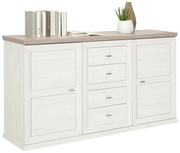 Weißes Sideboard mit Holzplatte, zwei Türen und vier Schubladen, dekoriert mit Büchern und einer Pflanze, seitliche Perspektive