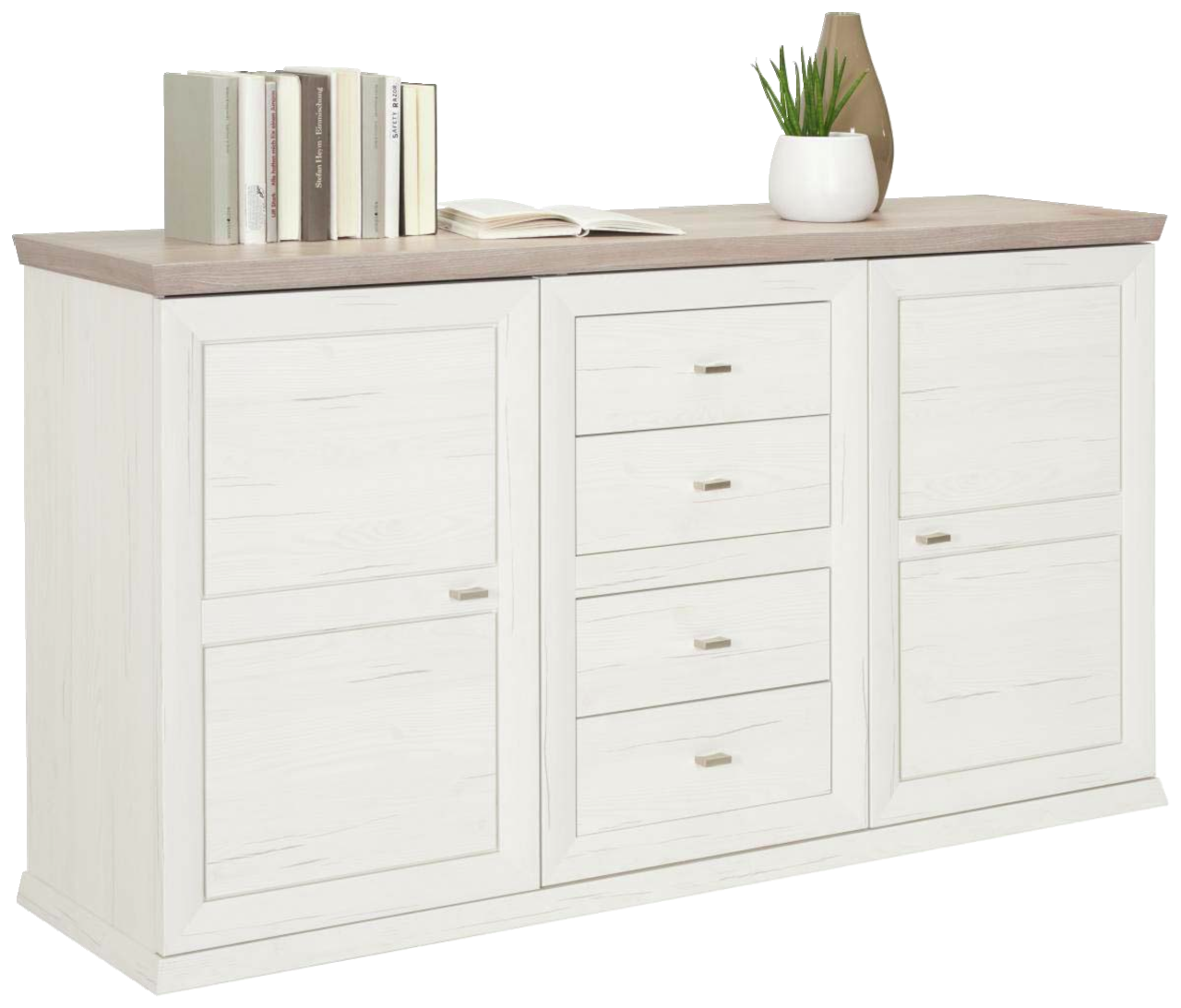 Weißes Sideboard mit Holzplatte, zwei Türen und vier Schubladen, dekoriert mit Büchern und einer Pflanze, seitliche Perspektive