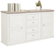 Weißes Sideboard mit Holzplatte, zwei Türen und vier Schubladen, dekoriert mit Büchern und einer Pflanze, seitliche Perspektive