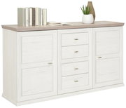 Weißes Sideboard mit Holzplatte, zwei Türen und vier Schubladen, dekoriert mit Büchern und einer Pflanze, seitliche Perspektive