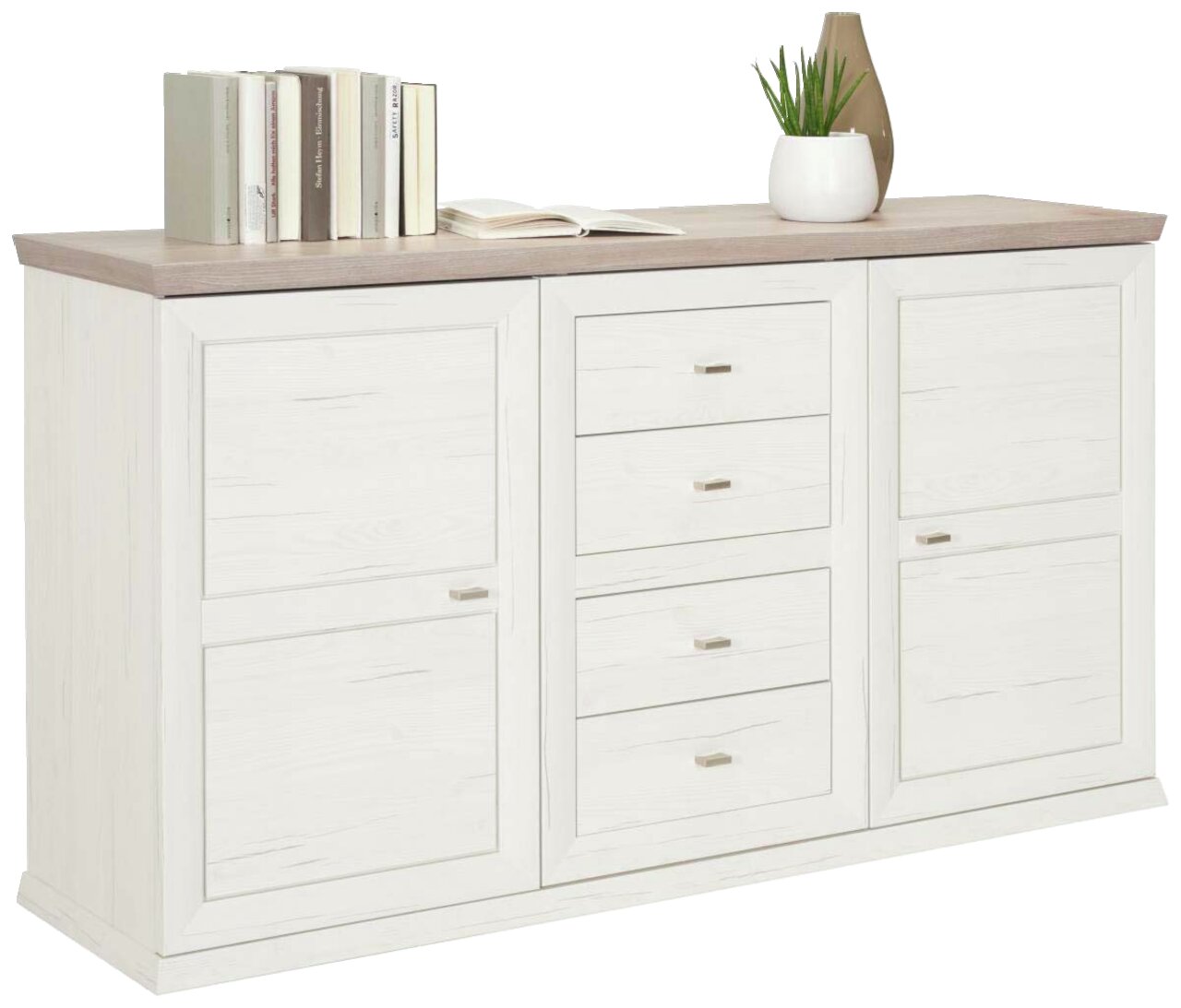 Weißes Sideboard mit Holzplatte, zwei Türen und vier Schubladen, dekoriert mit Büchern und einer Pflanze, seitliche Perspektive