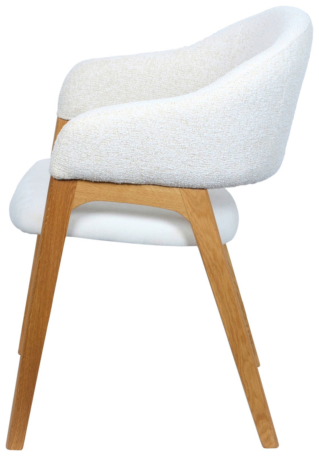 Seitenansicht eines modernen Armlehnstuhls mit hellem Stoffbezug und Holzbeinen