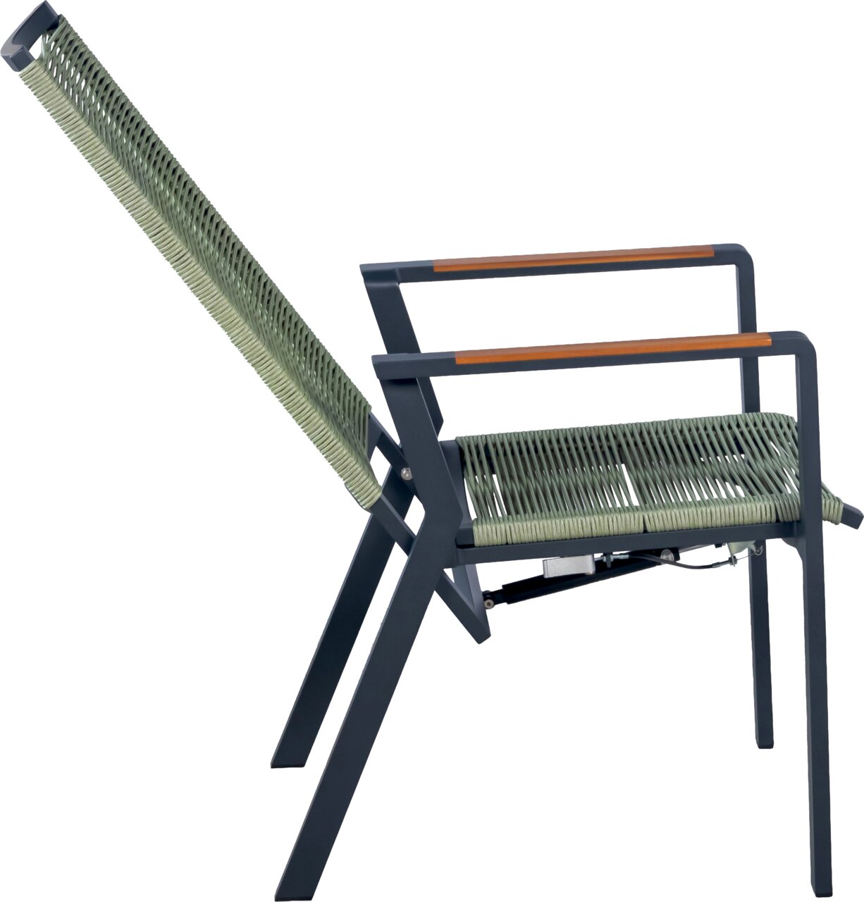 Amatio Select Relaxsessel LA SPEZIA Verstellbarer Outdoor-Sessel mit dunkelgrauem Metallgestell, Armlehnen mit Holzauflage und grünem Seilgeflecht an Sitz und Rückenlehne, seitliche Ansicht in leicht schräger Perspektive mit nach hinten geneigter Rückenlehne vor weißem Hintergrund