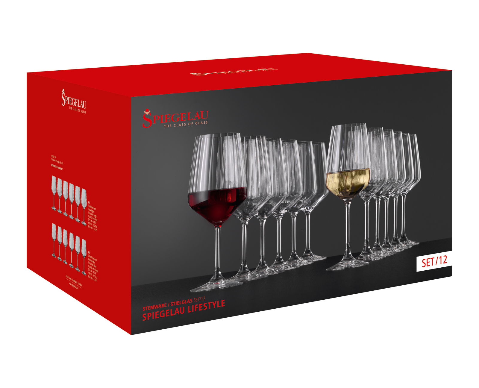 Verpackung eines 12-teiligen Stielglas-Sets von Spiegelau, Vorderansicht mit abgebildeten Gläsern für Rot- und Weißwein.