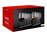 Verpackung eines 12-teiligen Stielglas-Sets von Spiegelau, Vorderansicht mit abgebildeten Gläsern für Rot- und Weißwein.