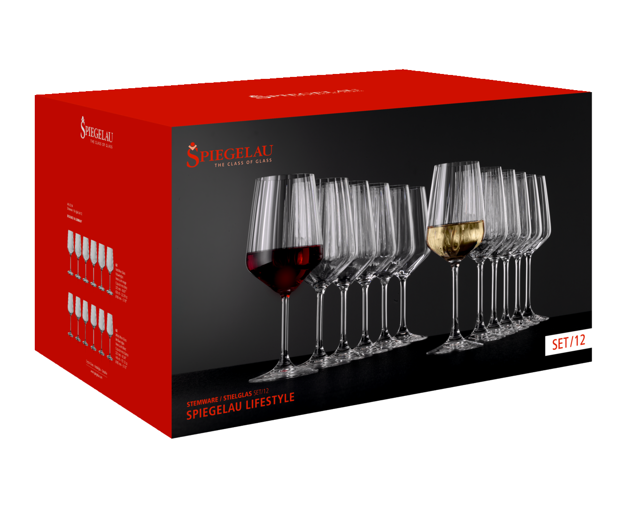 Verpackung eines 12-teiligen Stielglas-Sets von Spiegelau, Vorderansicht mit abgebildeten Gläsern für Rot- und Weißwein.