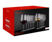 Verpackung eines 12-teiligen Stielglas-Sets von Spiegelau, Vorderansicht mit abgebildeten Gläsern für Rot- und Weißwein.