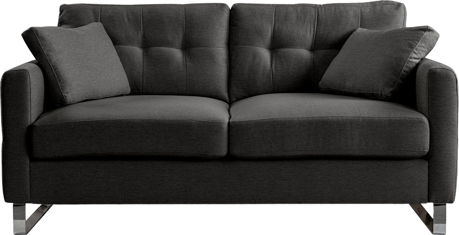 Dunkelgraues 2-Sitzer-Stoffsofa mit zwei Kissen, gesteppter Rückenlehne und Metallfüßen, Frontansicht.