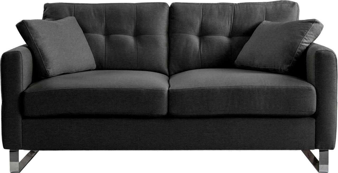 Dunkelgraues 2-Sitzer-Stoffsofa mit zwei Kissen, gesteppter Rückenlehne und Metallfüßen, Frontansicht.