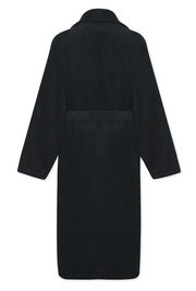 Rückansicht eines schwarzen Bademantels mit Schalkragen und Gürtel.