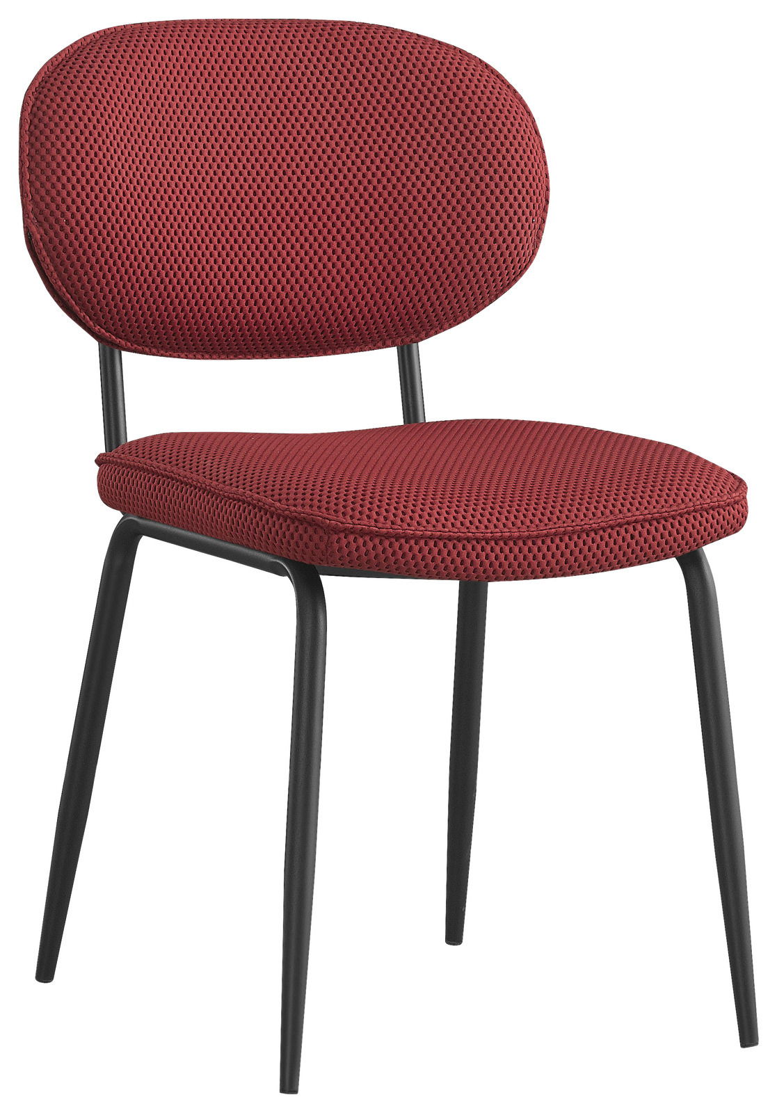 Moderner Stuhl mit rotem, gepolstertem Sitz und Rückenlehne, schwarzes Metallgestell, seitliche Perspektive