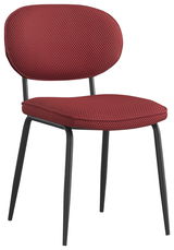 Moderner Stuhl mit rotem, gepolstertem Sitz und Rückenlehne, schwarzes Metallgestell, seitliche Perspektive