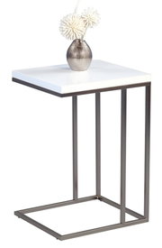 Moderner Beistelltisch mit weißer Tischplatte und Metallgestell, seitliche Perspektive