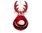 Rote Weihnachtsbaumkugel in Form eines Rentiers mit glitzernden Geweihen, frontal fotografiert.