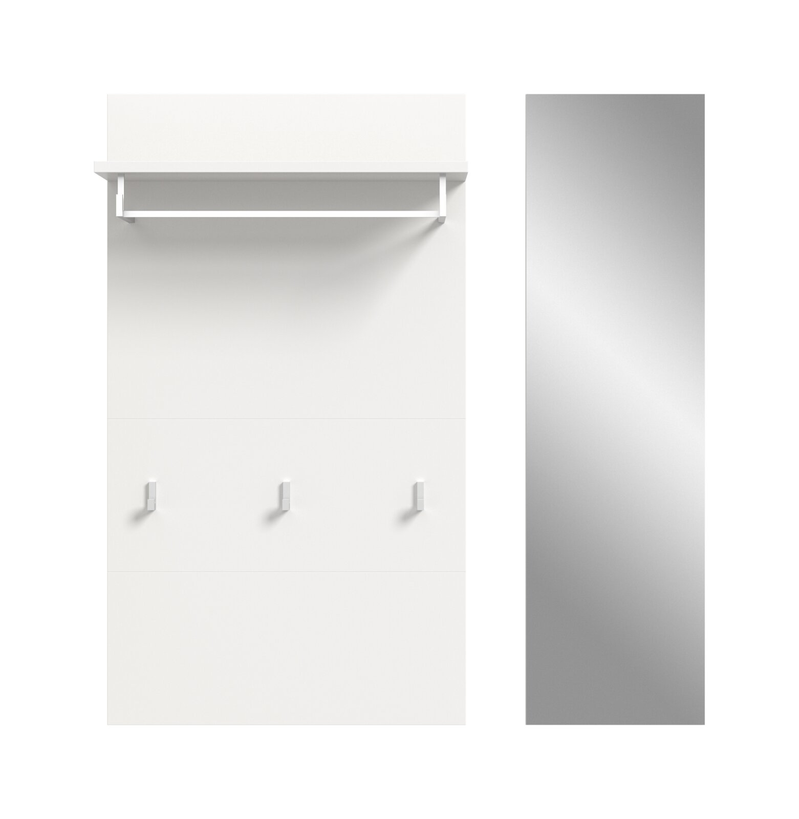 Weiße Wandgarderobe mit Hutablage, Kleiderstange und drei Haken, frontale Ansicht; daneben eine schmale graue Seitenansicht auf hellem Hintergrund