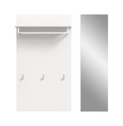 Weiße Wandgarderobe mit Hutablage, Kleiderstange und drei Haken, frontale Ansicht; daneben eine schmale graue Seitenansicht auf hellem Hintergrund