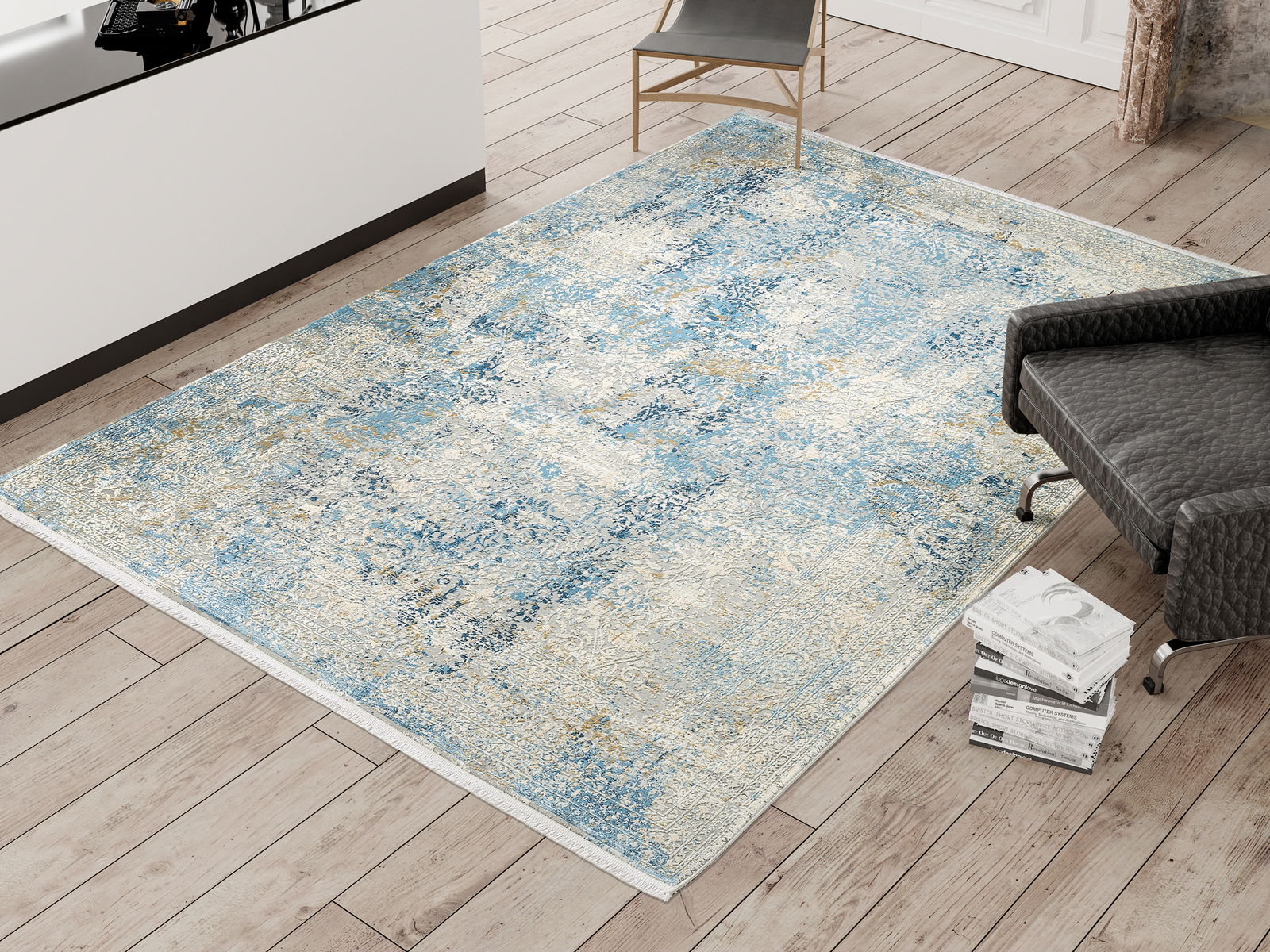 Designer Teppich in Blau- und Beigetönen auf einem Holzboden, aus der Vogelperspektive fotografiert.