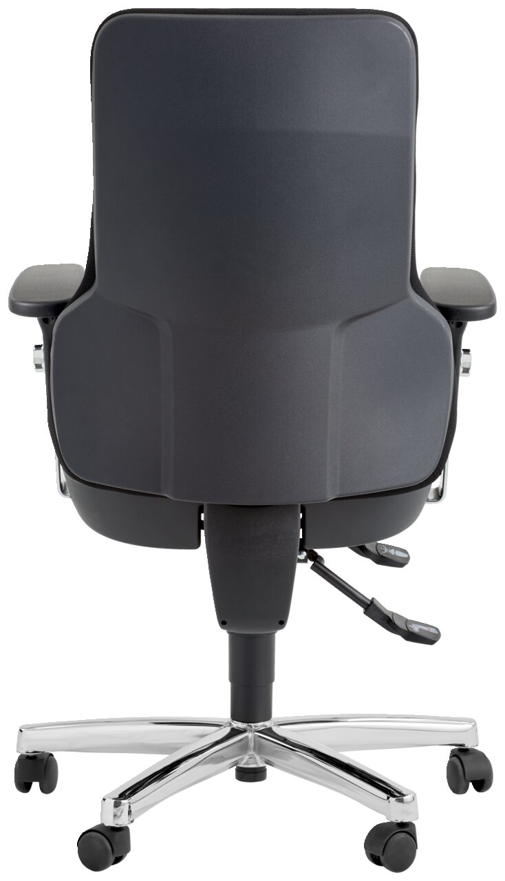 Rückansicht eines modernen Drehsessels mit schwarzer Rückenlehne und verchromtem Fußkreuz auf Rollen.