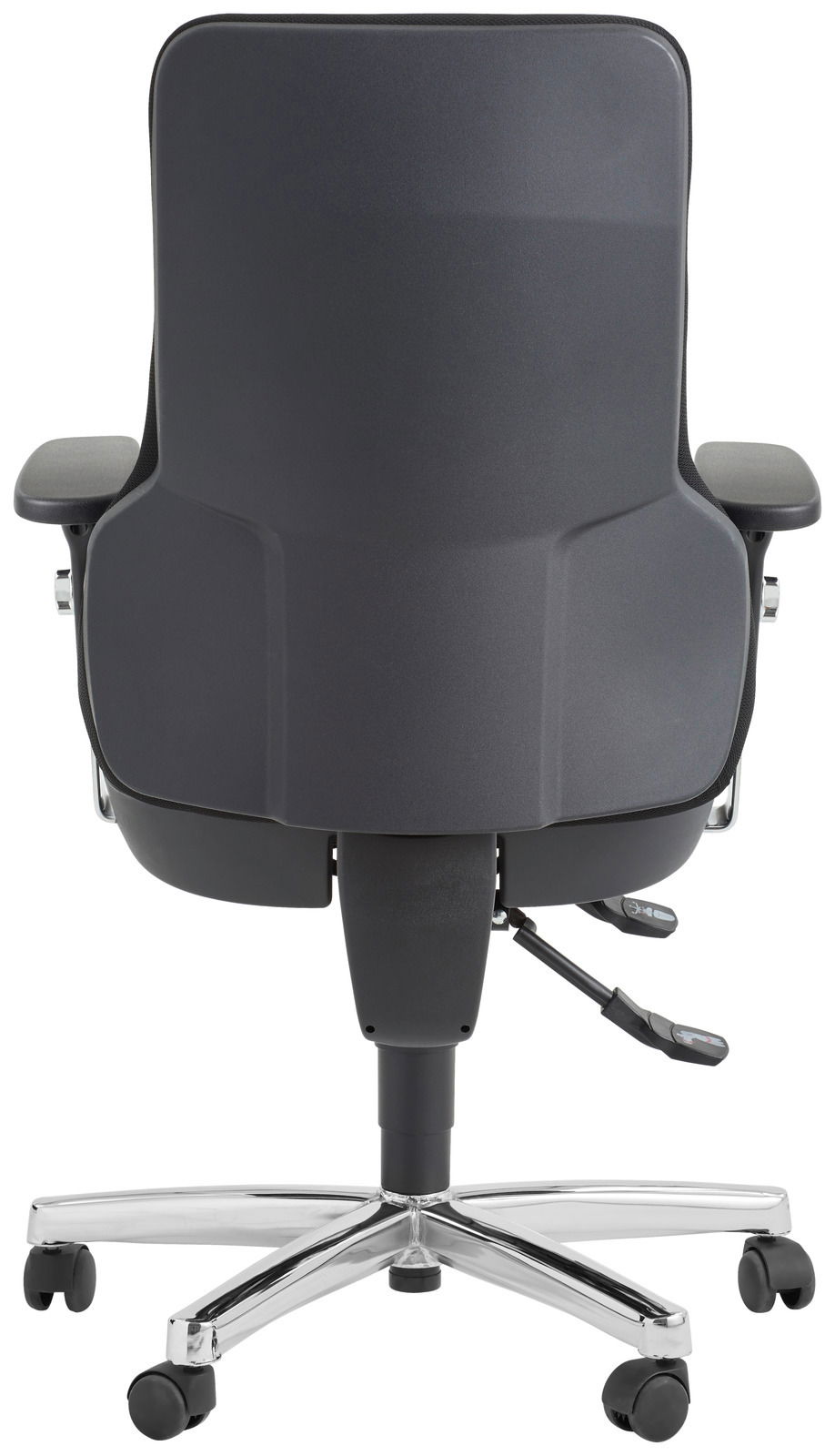 Rückansicht eines modernen Drehsessels mit schwarzer Rückenlehne und verchromtem Fußkreuz auf Rollen.