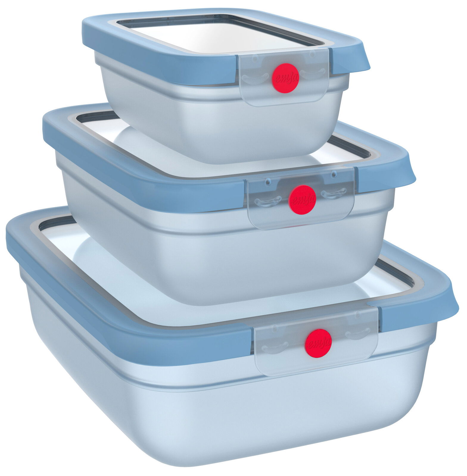 Dreiteiliges Frischhaltedosen-Set in verschiedenen Größen, gestapelt, mit blauen Deckeln und rotem Verschluss, seitliche Perspektive