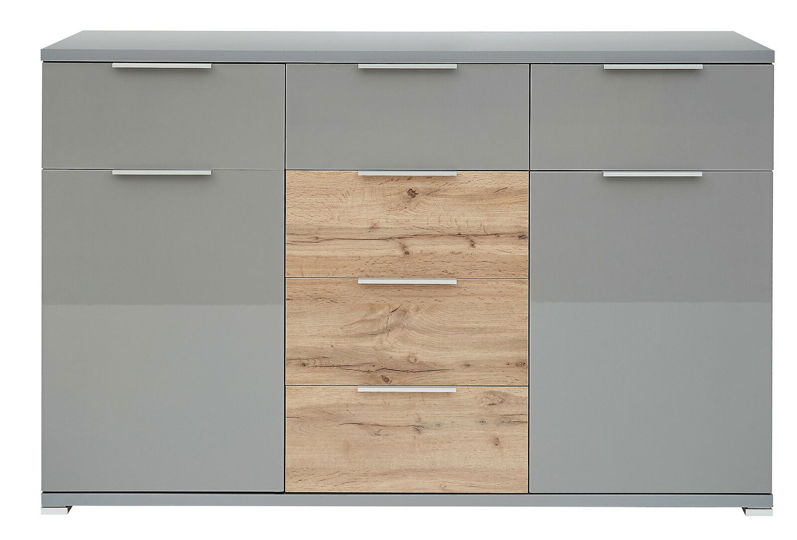 Moderne Kommode mit grauen und holzfarbenen Fronten, frontal abgebildet.