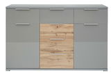 Moderne Kommode mit grauen und holzfarbenen Fronten, frontal abgebildet.