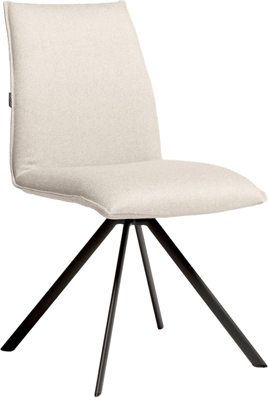 JOOP! Stuhl STUDIO G27 Beiger Polsterstuhl mit Stoffbezug und schwarzem Metallgestell, freigestellt auf weißem Hintergrund, in seitlicher Ansicht (leicht von vorne).