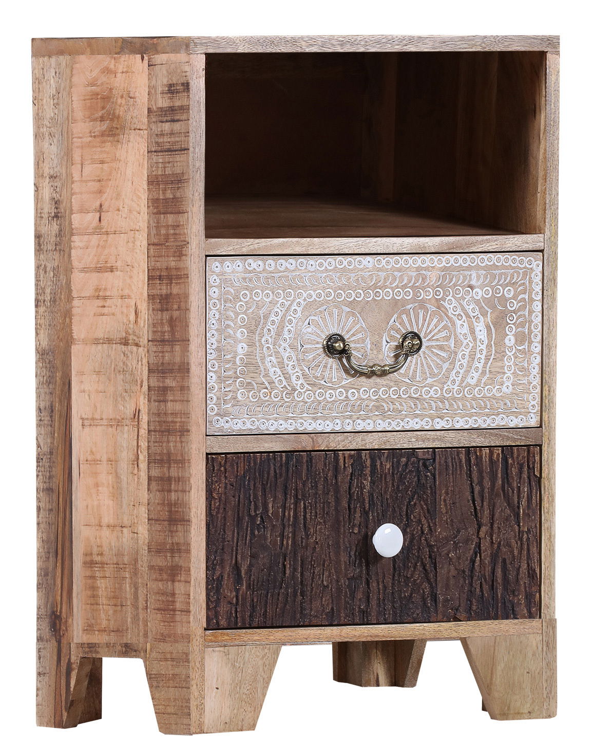 Nachtkommode aus Holz mit zwei Schubladen, eine mit dekorativem Muster und eine mit dunkler Holzoptik, seitliche Perspektive