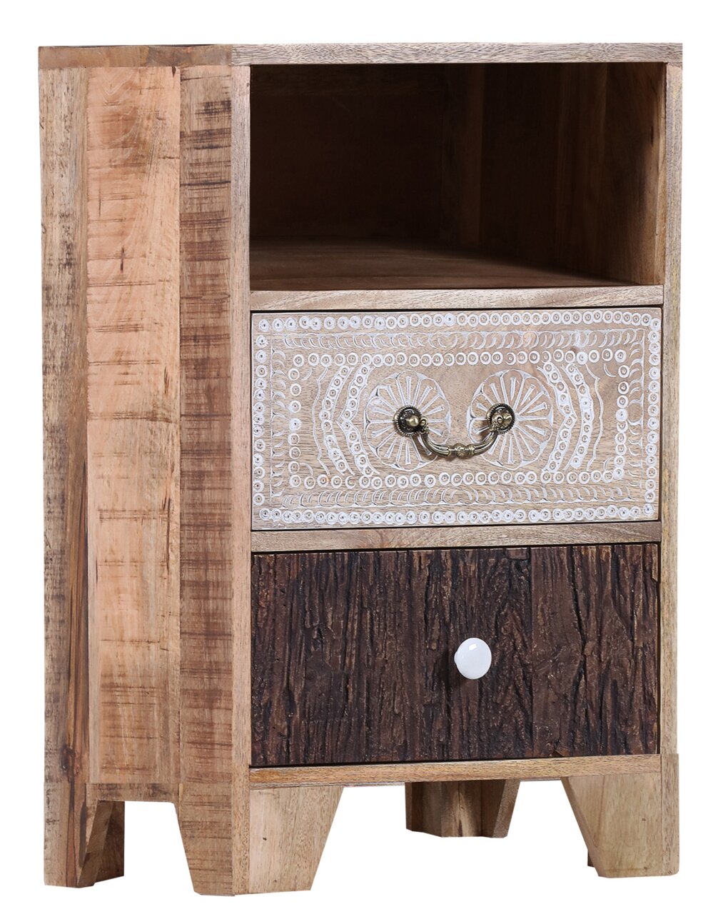 Nachtkommode aus Holz mit zwei Schubladen, eine mit dekorativem Muster und eine mit dunkler Holzoptik, seitliche Perspektive