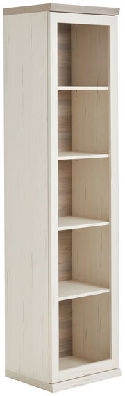 Schmales Aktenregal mit fünf offenen Fächern, aus hellem Holz, seitliche Perspektive.