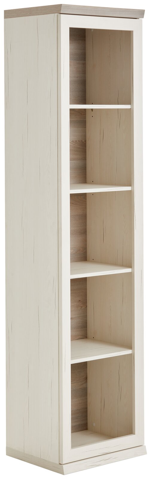 Hom´in Aktenregal 5OH schmal CAMRON Schmales Aktenregal mit fünf offenen Fächern, aus hellem Holz, seitliche Perspektive.