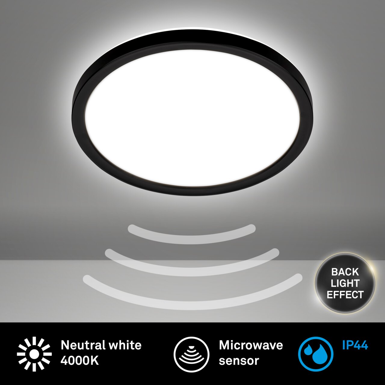 LED-plafondlamp met bewegingssensor, neutraal wit licht 4000 K, IP44, achtergrondverlichtingseffect, aanzicht van onderaf
