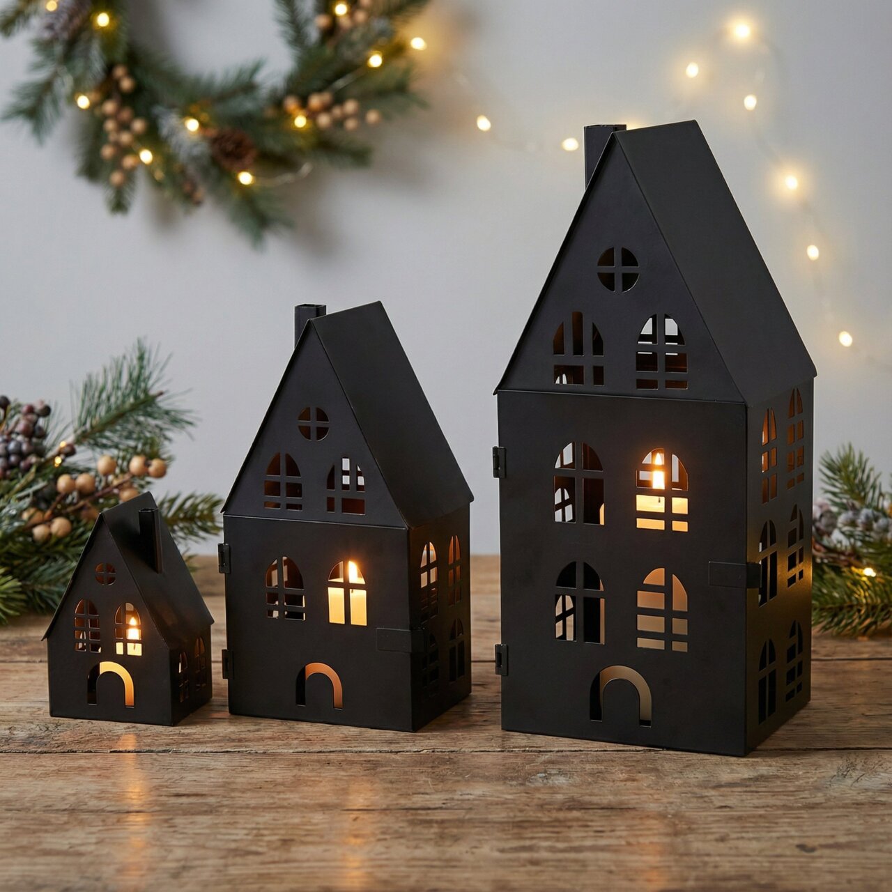 Drei schwarze Metall-Laternen in Hausform mit warmem Kerzenlicht, auf einem Holztisch vor weihnachtlicher Tannendeko und Lichterkette, fotografiert in leicht schräger Frontansicht auf Augenhöhe.