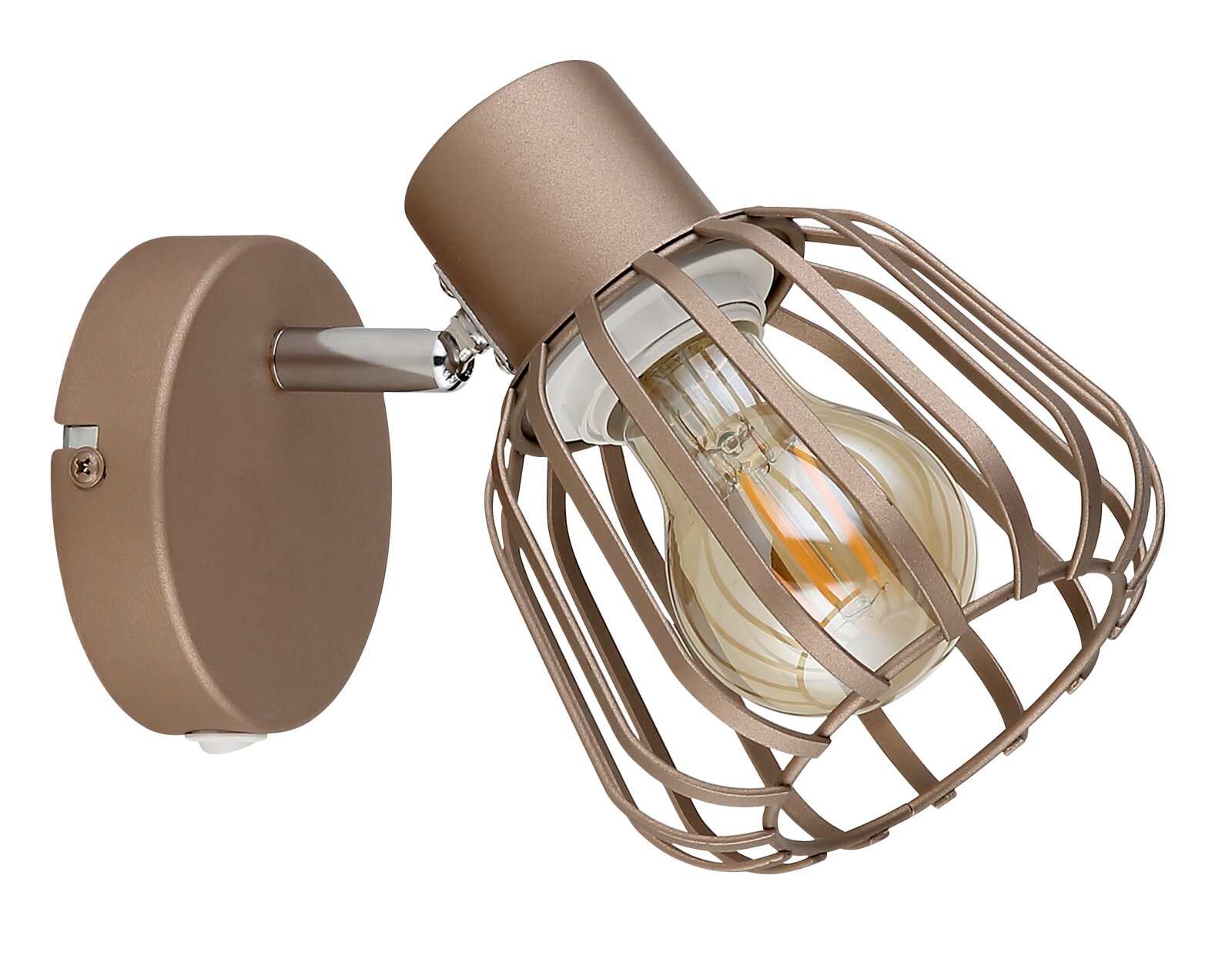 Metall-Wandspot in Bronze/Roségold mit Schutzgitter und sichtbarer Filament-Glühbirne, seitliche Nahaufnahme in 3/4-Perspektive vor weißem Hintergrund
