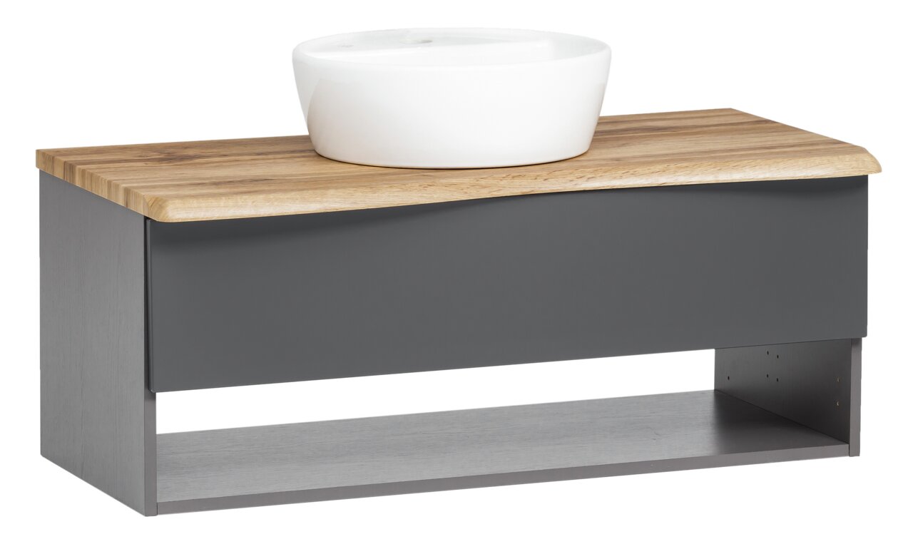 Modernes Waschtisch-Set mit weißem Aufsatzwaschbecken und Holzplatte, seitliche Perspektive