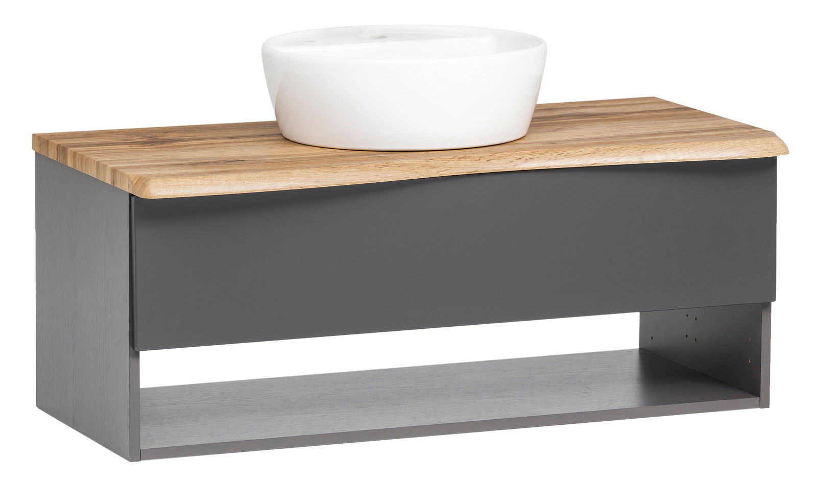 Modernes Waschtisch-Set mit weißem Aufsatzwaschbecken und Holzplatte, seitliche Perspektive