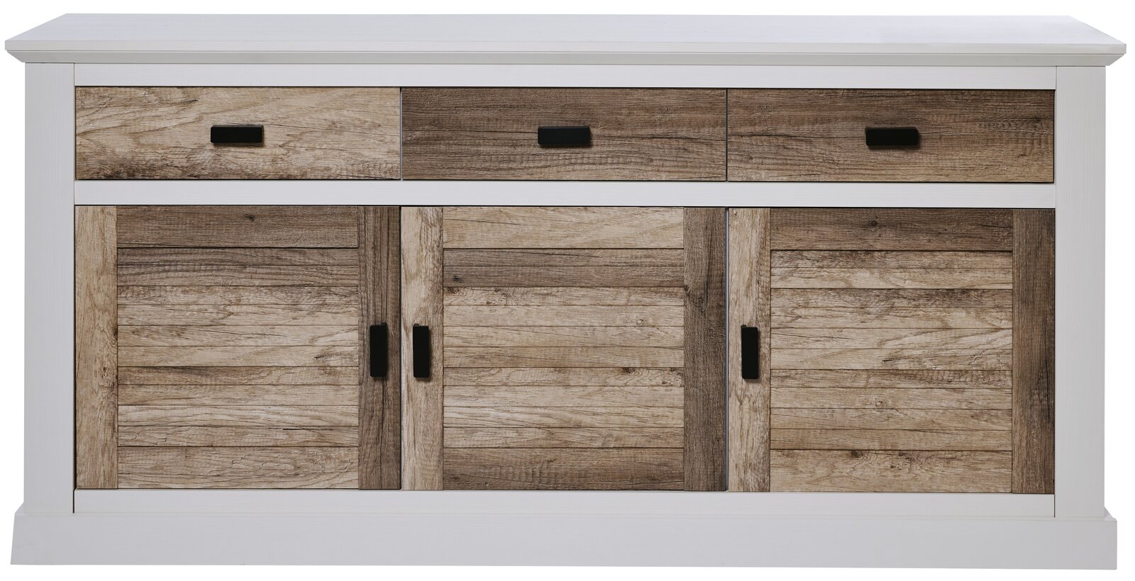 Frontale Ansicht eines Sideboards mit drei Schubladen und drei Türen in Holzoptik.