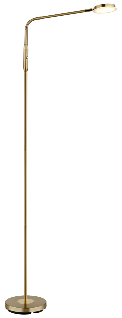 Goldene LED-Stehleuchte mit flexiblem Hals und rundem Sockel, seitliche Perspektive