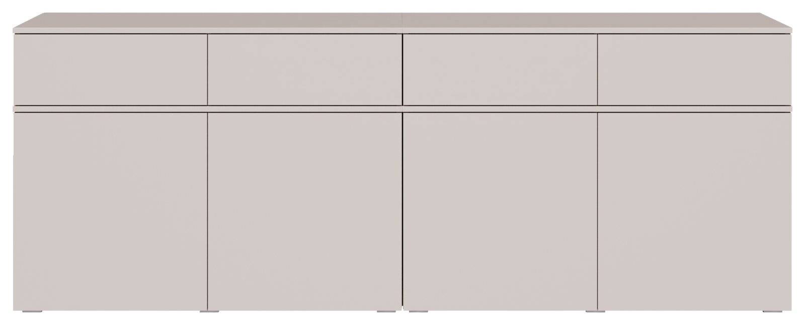 Modernes, griffloses Sideboard in hellem Beige mit drei Schubladen oben und drei Türen unten, Ansicht von vorne (frontal).