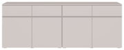 Modernes, griffloses Sideboard in hellem Beige mit drei Schubladen oben und drei Türen unten, Ansicht von vorne (frontal).