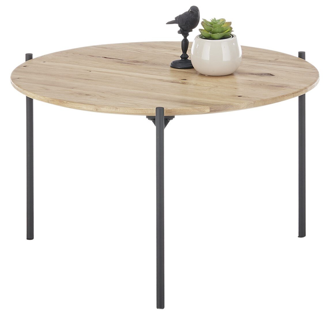 Ronde bijzettafel van hout met zwarte metalen poten, versierd met een plantje en een vogelbeeldje, zijaanzicht