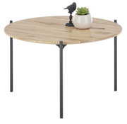 Ronde bijzettafel van hout met zwarte metalen poten, versierd met een plantje en een vogelbeeldje, zijaanzicht