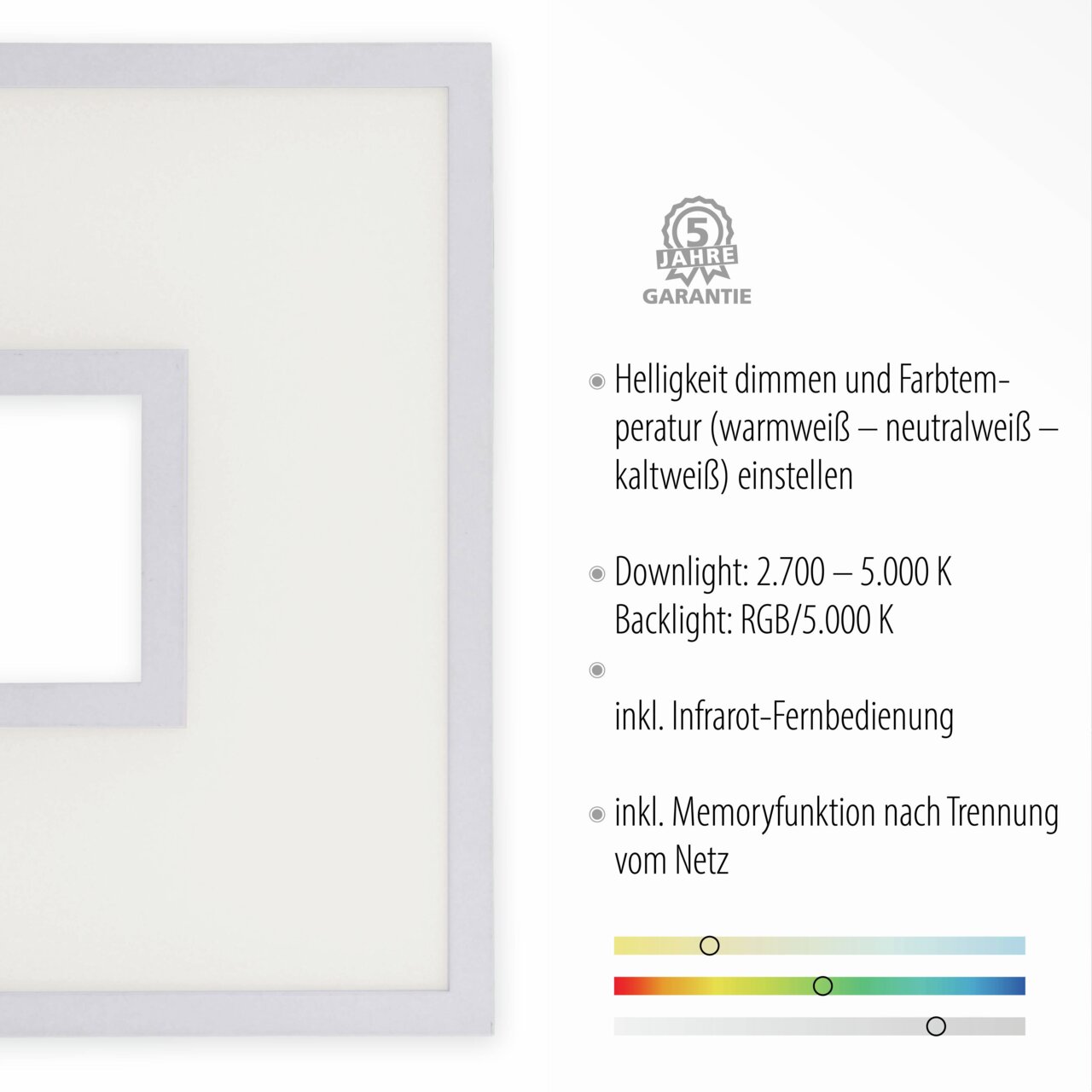 Moderne witte plafondlamp RECESS met dimbare lichtsterkte en instelbare kleurtemperatuur, inclusief infraroodafstandsbediening en geheugenfunctie, zijaanzicht.