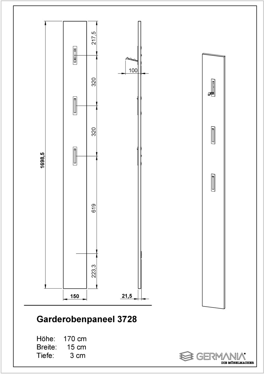 Technische Zeichnung eines Garderobenpaneels mit den Maßen Höhe: 170 cm, Breite: 15 cm, Tiefe: 3 cm. Perspektive zeigt Vorder-, Seiten- und Schrägansicht.