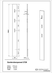 Technische Zeichnung eines Garderobenpaneels mit den Maßen Höhe: 170 cm, Breite: 15 cm, Tiefe: 3 cm. Perspektive zeigt Vorder-, Seiten- und Schrägansicht.