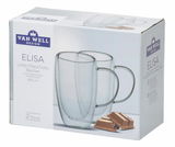 Verpackung mit zwei doppelwandigen Latte Macchiato Bechern aus Borosilikatglas, 450 ml, von schräg vorne fotografiert.