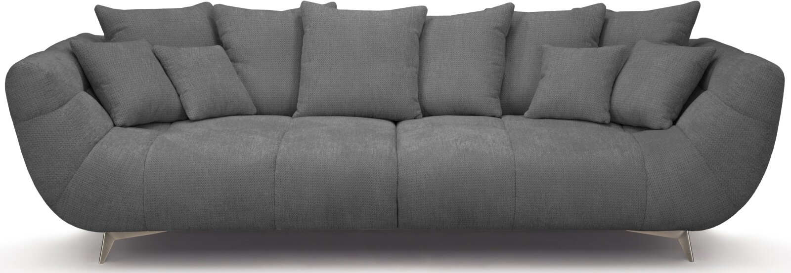 Gepolstertes 3-Sitzer-Designsofa in Dunkelgrau mit vielen Rückenkissen und schmalen Metallfüßen, Frontansicht